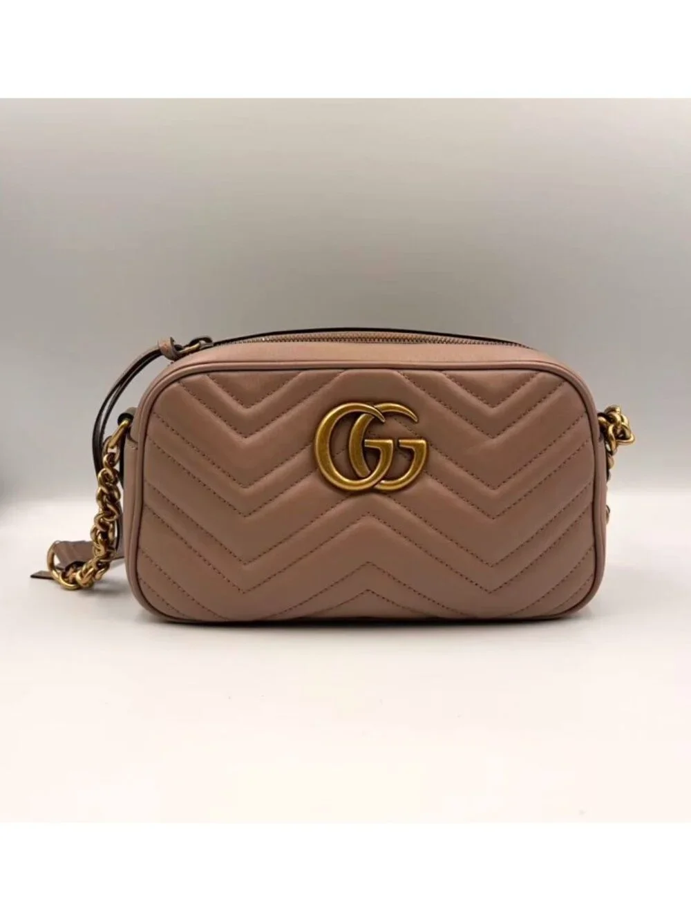Pre-owned Gucci Matelasse GG Marmont Chain Calfskin Small Crossbody Bag Porcelai